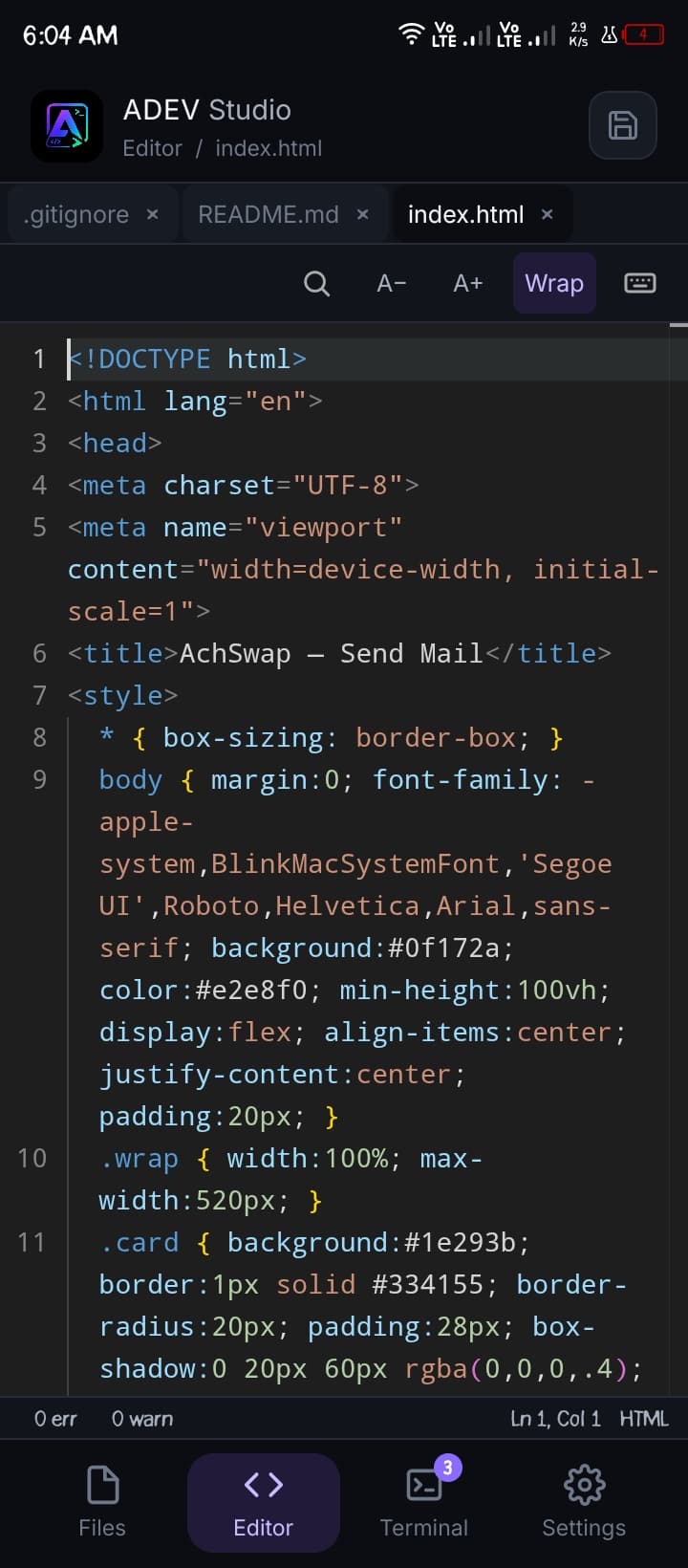 ADEV Studio Editor: Tabs, wrap, syntax — index.html