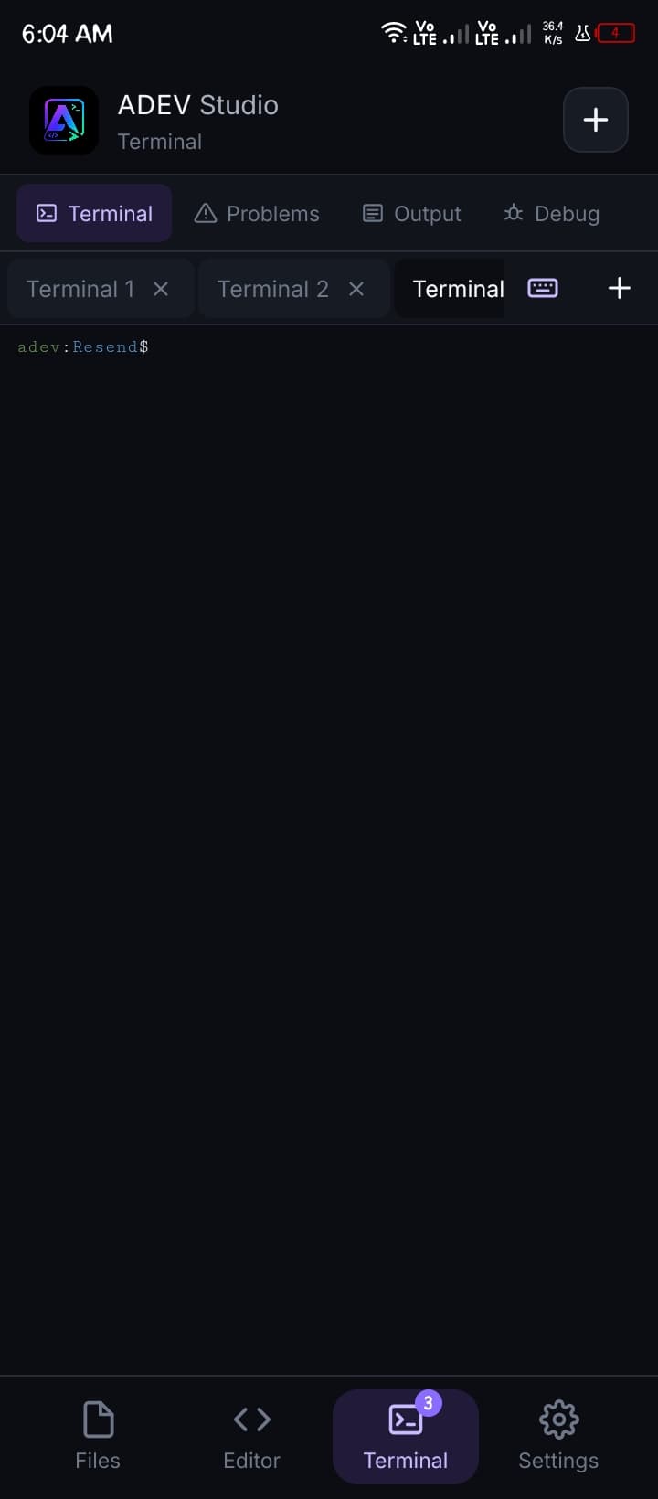 ADEV Studio Terminal: adev:Resend$ — real shell on device